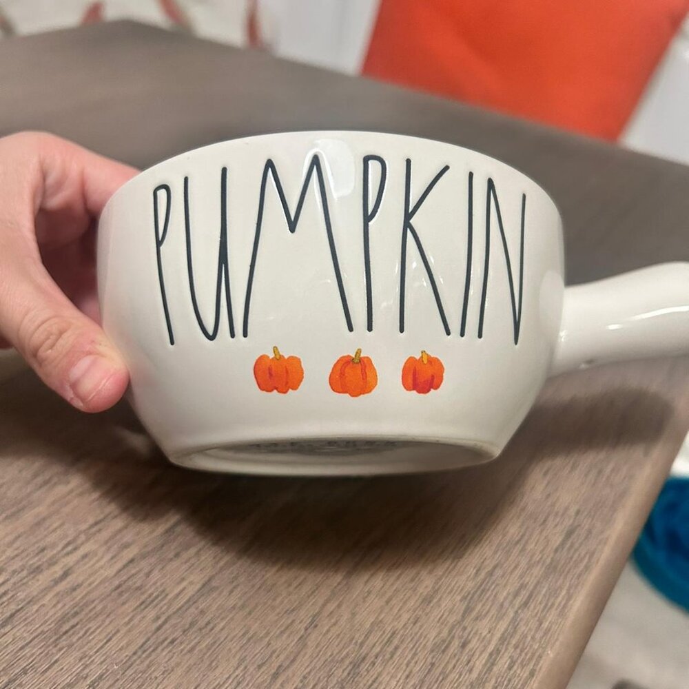 Rae Dunn Fall PUMPKIN Ceramic Soup Serve Bowl Bakeware White Pumpkins Handle